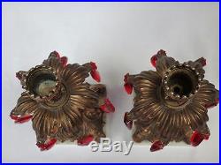 Pair Vintage Brass & Ruby Red Crystal Glass Candle Holder Candlesticks