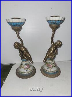 Pair Vintage Bronze And Porcelain Cherub Candlesticks 10 1/2 Hight Box A2