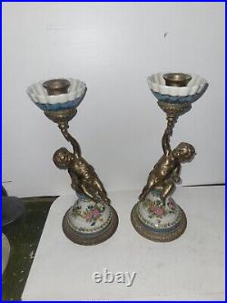 Pair Vintage Bronze And Porcelain Cherub Candlesticks 10 1/2 Hight Box A2