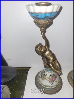 Pair Vintage Bronze And Porcelain Cherub Candlesticks 10 1/2 Hight Box A2