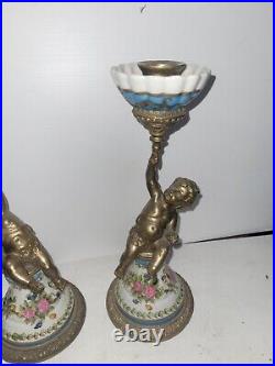 Pair Vintage Bronze And Porcelain Cherub Candlesticks 10 1/2 Hight Box A2