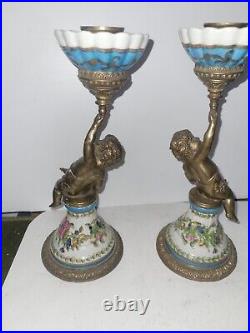 Pair Vintage Bronze And Porcelain Cherub Candlesticks 10 1/2 Hight Box A2