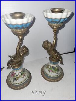 Pair Vintage Bronze And Porcelain Cherub Candlesticks 10 1/2 Hight Box A2