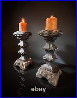 Pair Vintage Brutalist Candle Holders Wood & Square Nail Candlesticks