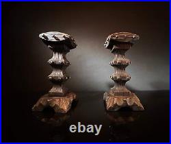 Pair Vintage Brutalist Candle Holders Wood & Square Nail Candlesticks