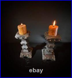 Pair Vintage Brutalist Candle Holders Wood & Square Nail Candlesticks