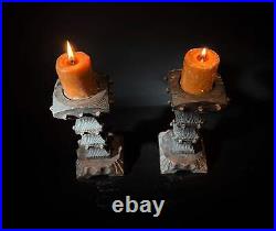 Pair Vintage Brutalist Candle Holders Wood & Square Nail Candlesticks