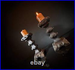 Pair Vintage Brutalist Candle Holders Wood & Square Nail Candlesticks