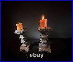 Pair Vintage Brutalist Candle Holders Wood & Square Nail Candlesticks