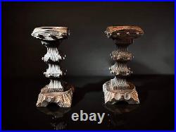 Pair Vintage Brutalist Candle Holders Wood & Square Nail Candlesticks