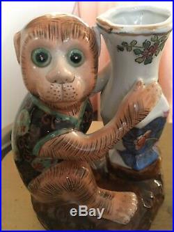 Pair Vintage Chinese Porcelain Monkey Vases Candlesticks Bookends