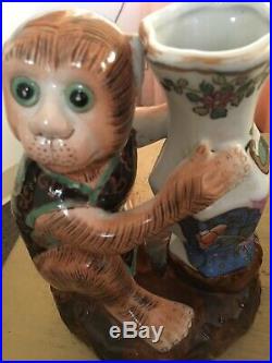 Pair Vintage Chinese Porcelain Monkey Vases Candlesticks Bookends