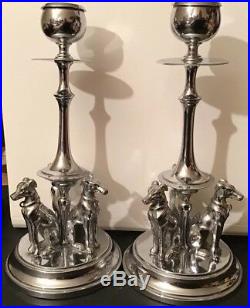 Pair Vintage Chrome-Plated Candlesticks 3 Greyhound/Whippets seated At Base