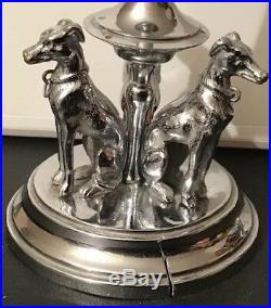 Pair Vintage Chrome-Plated Candlesticks 3 Greyhound/Whippets seated At Base