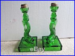 Pair Vintage Dauphin Green Glass Koi Fish Candle Sticks Holders Lamp Bases