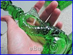 Pair Vintage Dauphin Green Glass Koi Fish Candle Sticks Holders Lamp Bases