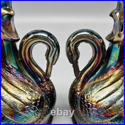 Pair Vintage Fenton Deep Iridescent Amethyst Swan Candlesticks