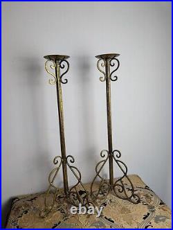 Pair Vintage Floor Standing Metal black gold Candle Stick Holders 28/71cm Tall