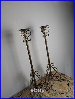 Pair Vintage Floor Standing Metal black gold Candle Stick Holders 28/71cm Tall