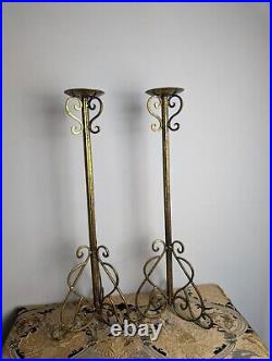 Pair Vintage Floor Standing Metal black gold Candle Stick Holders 28/71cm Tall