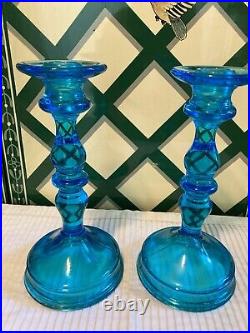 Pair Vintage Fostoria Azure Blue Candle Sticks 9 tall Perfect Condition