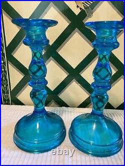 Pair Vintage Fostoria Azure Blue Candle Sticks 9 tall Perfect Condition