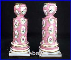 Pair Vintage French Hand Painted Porcelain Sevres Style Candlesticks Pink Roses