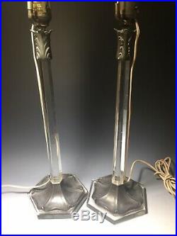 Pair Vintage Glass Crystal and Pewter Art Nouveau Candle Stick Lamps