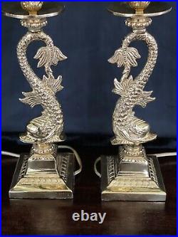 Pair Vintage Koi Dolphin Fish Brass Candlestick Lamps Chinoiserie Free Shipping