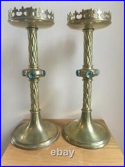 Pair Vintage Large Gothic Pugin Style Brass Church Candlesticks Cabochons 340mm