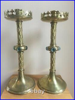 Pair Vintage Large Gothic Pugin Style Brass Church Candlesticks Cabochons 340mm