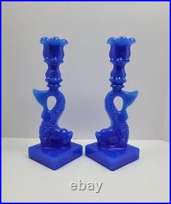 Pair Vintage MMA OPALINE BLUE GLASS KOI FISH DOLPHIN CANDLESTICK