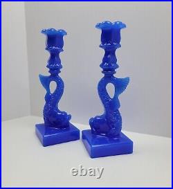 Pair Vintage MMA OPALINE BLUE GLASS KOI FISH DOLPHIN CANDLESTICK