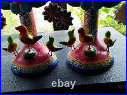 Pair Vintage Mexican Folk Art Pottery TREE OF LIFE Birds, flowers CANDLESTICKS