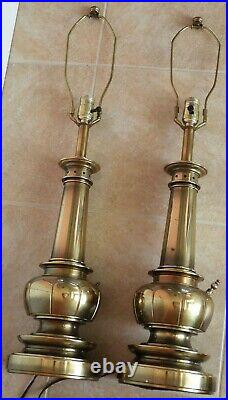 Pair Vintage Mid Century Stiffel Brass Heavy Metal Candlestick Table Lamps 23