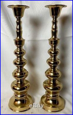 Pair Vintage Mosaik Tall Solid Brass Church Candlestick Candle Holder 17 3/4
