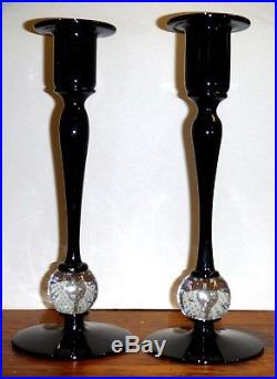 Pair Vintage Pairpoint Black Amethyst Glass Candlesticks Clear Controlled Bubble
