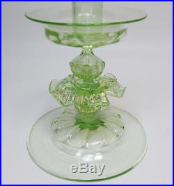 Pair Vintage Salviati Murano c. 1920s Green Glass Candlesticks with Gold Leaf