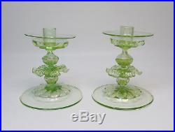 Pair Vintage Salviati Murano c. 1920s Green Glass Candlesticks with Gold Leaf