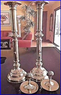 Pair Vintage Sarreid Adjustable Brass Push-Up Candlestick Holders + Shell Covers