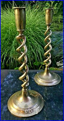 Pair Vintage Twist Open Spiral Solid Brass Candlesticks- England
