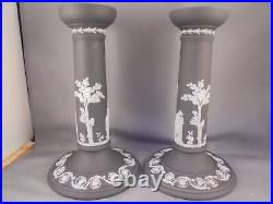 Pair Vintage Wedgwood Black Basalt Jasperware Candlesticks 8 8 1/8