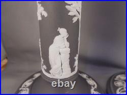 Pair Vintage Wedgwood Black Basalt Jasperware Candlesticks 8 8 1/8