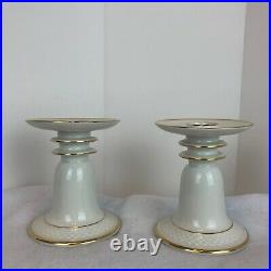 Pair Vintage antique Thomas Germany White Gold Trim Fine Porcelain Candlesticks