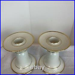 Pair Vintage antique Thomas Germany White Gold Trim Fine Porcelain Candlesticks