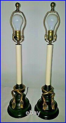 Pair Vtg Brass Tassel Candlestick Buffet Table Lamps Mid Century Regency