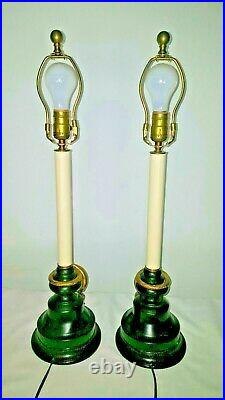 Pair Vtg Brass Tassel Candlestick Buffet Table Lamps Mid Century Regency