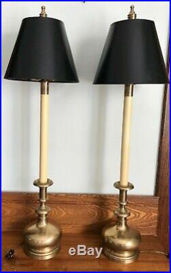 Pair Vtg Frederick Cooper Brass Candlestick Table Lamps 35 Tall Original Shades