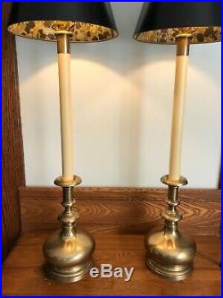 Pair Vtg Frederick Cooper Brass Candlestick Table Lamps 35 Tall Original Shades