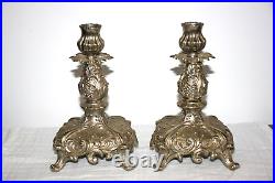 Pair of 1940's Ornate Vintage Silver Plated Candle Stick Holders 7.5 Tall